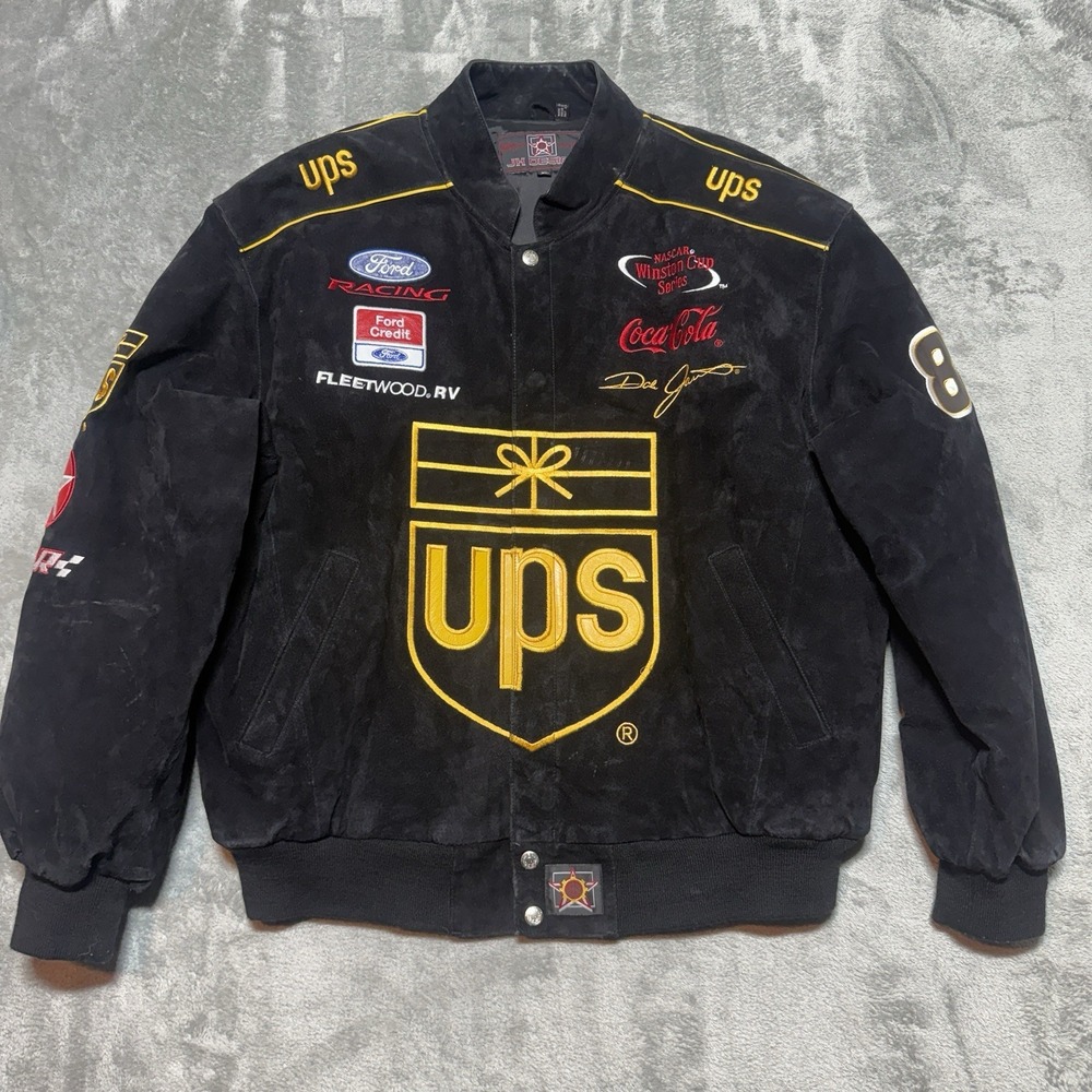 JH Design Jacket Mens XL Black Suede Ups Dale Jarret Nascar Bomber